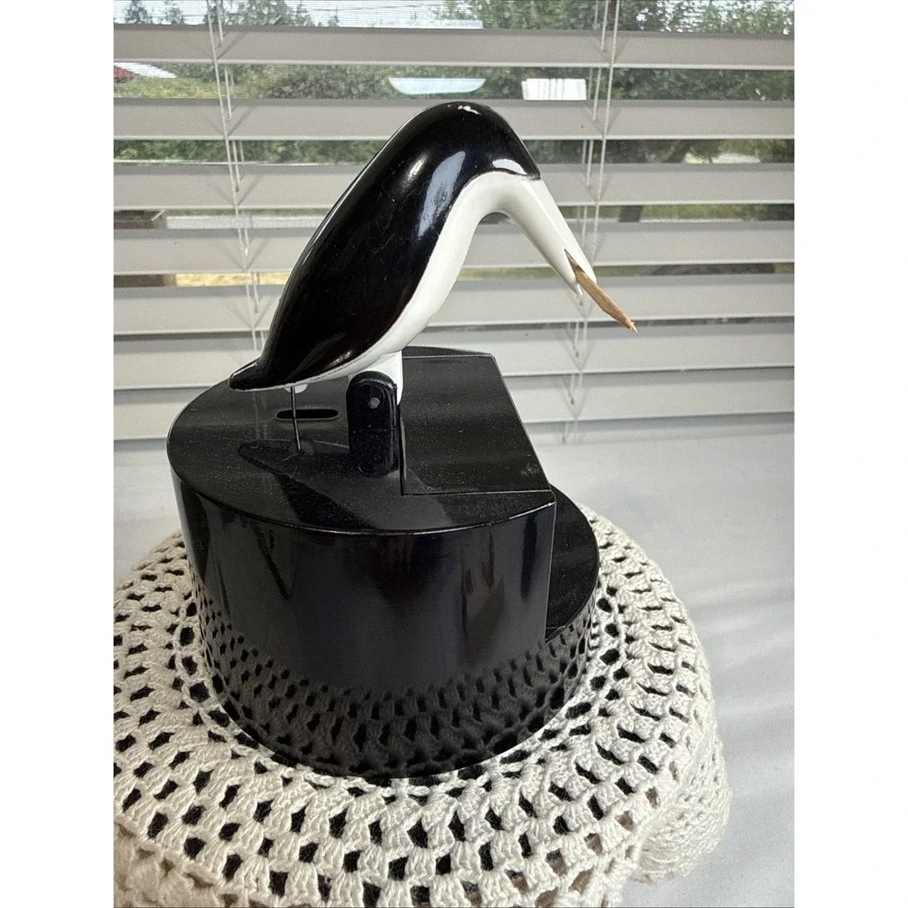 Black Vtg Penguin Bird Toothpick Dispenser Holder Mechanical Plastic Novelty